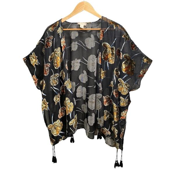 Japna Black Floral Sheer Velvet Burnout Kimono Tassel Boho Beach Resort Small - Picture 1 of 13